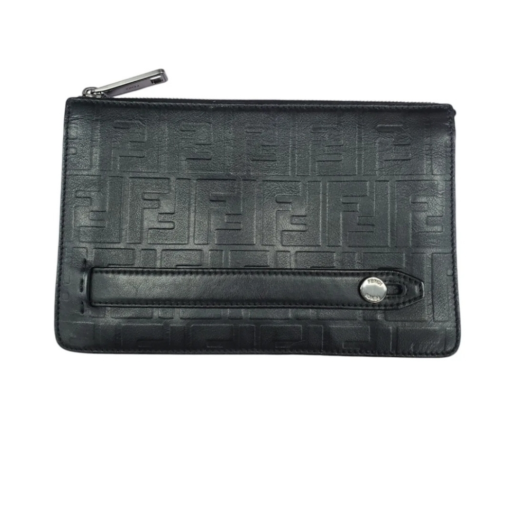 Fendi Black Leather Clutch with Embossed FF Monogram